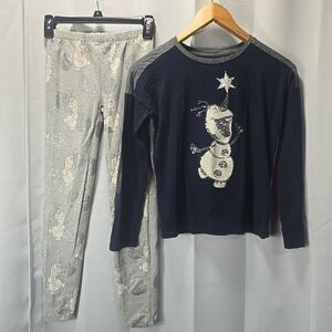 Gap Disney XL (12) Girls 2pc Outfit Leggings LS Shirt Frozen Olaf Sequin Glitter